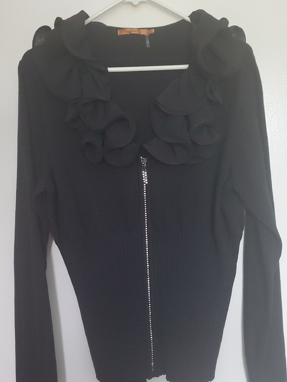 Belldini Black Zup Up Elegant Sweater with Jeweled Zipper And Ruffle Accent